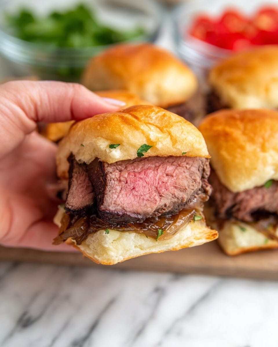 A woman's hand is holding a slider with four visible layers: a soft, light brown top bun with some green herbs, a thick piece of medium-rare steak with a pink center and browned edges, a layer of caramelized onions below the steak with a glossy texture, and a white bottom bun barely visible under the fillings. In the background, there are more sliders and two clear bowls containing red sliced tomatoes and green leafy greens, all set on a white marbled surface. Photo taken with an iphone --ar 4:5 --v 7