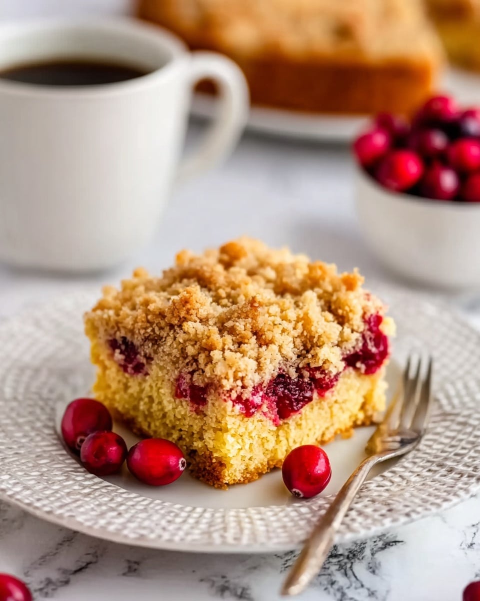 A close-up photo of a square piece of crumb cake being lifted with a spatula from a white rectangular glass baking dish. The cake has two visible layers: a light yellow crumb cake base with pieces of red fruit mixed inside, and a thick, crunchy brown crumb topping with a rough texture. The background is a white marbled surface. photo taken with an iphone --ar 4:5 --v 7