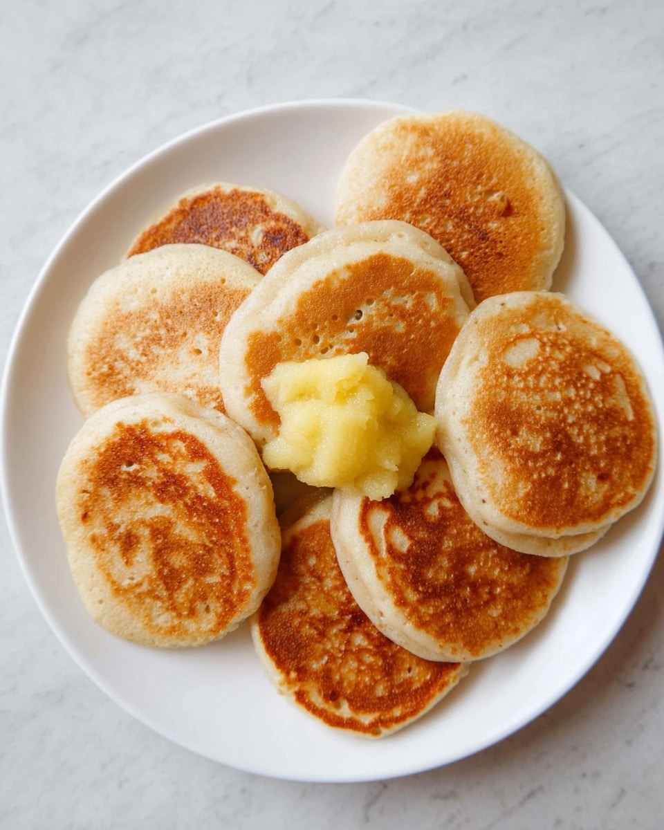A stack of eight golden-brown pancakes sits centered on a plain white plate against a white marbled surface. Each pancake layer has a soft, slightly textured surface with small air bubbles and a warm, light brown color that darkens slightly on the edges. On the very top pancake, there is a glossy dollop of amber-colored fruit jam or preserve, adding a shiny, sticky texture that contrasts with the fluffiness of the pancakes below. The photo is softly lit from behind, highlighting the stack's height and the jam's glistening shine. photo taken with an iphone --ar 4:5 --v 7