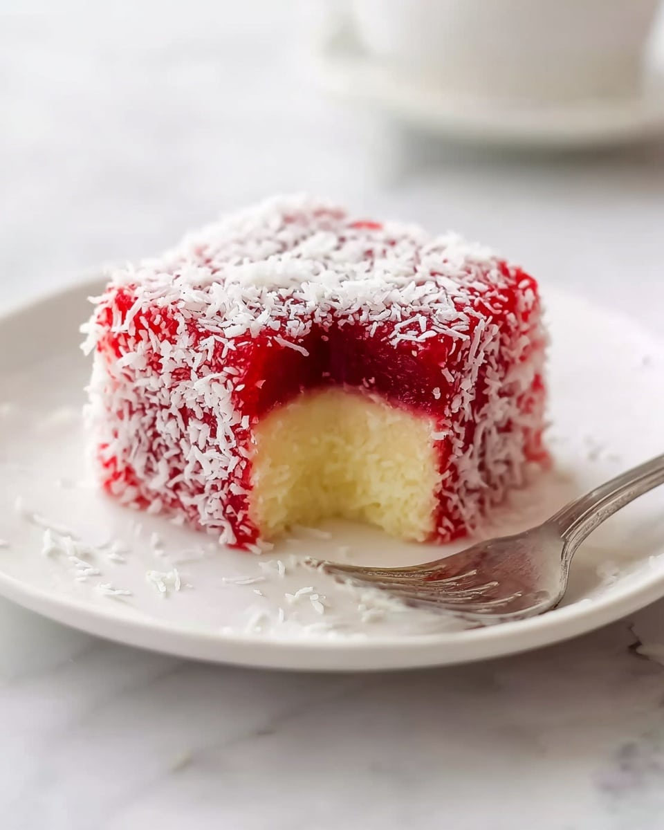 A small square dessert with three visible layers sits on a white plate on a white marbled surface. The outer layer is bright red and covered with white shredded coconut, creating a rough texture. Inside this red layer, there is a creamy pale yellow middle layer, smooth and soft looking. A bite is taken out of one corner, showing all these layers clearly. Behind the dessert, a silver fork with a small bite of the dessert on it lies on the plate. The overall look is clean and bright with a simple background. photo taken with an iphone --ar 4:5 --v 7