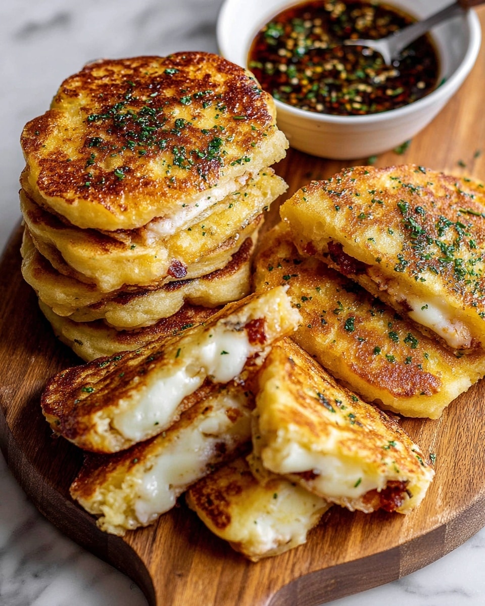 A wooden board holds a stack of golden brown pancakes with a crispy outer layer, sprinkled lightly with green herbs. They are thick and round, with some cut in half to show layers inside: a melted white cheese layer and a reddish-brown filling, all sandwiched between the soft pancake layers. On the side, there is a small white bowl filled with dark dipping sauce speckled with green herbs. The setting is on a white marbled surface. Photo taken with an iphone --ar 4:5 --v 7