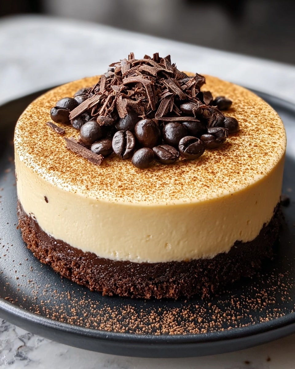 The image shows a round two-layer dessert on a black plate, placed on a white marbled surface. The bottom layer is thick and dark brown with a crumbly texture, while the top layer is creamy beige and smooth. On top of the dessert, there is a small pile of dark brown chocolate shavings and shiny coffee beans. Light brown powder is sprinkled lightly over the surface of the top layer and the plate around the dessert. Photo taken with an iphone --ar 4:5 --v 7