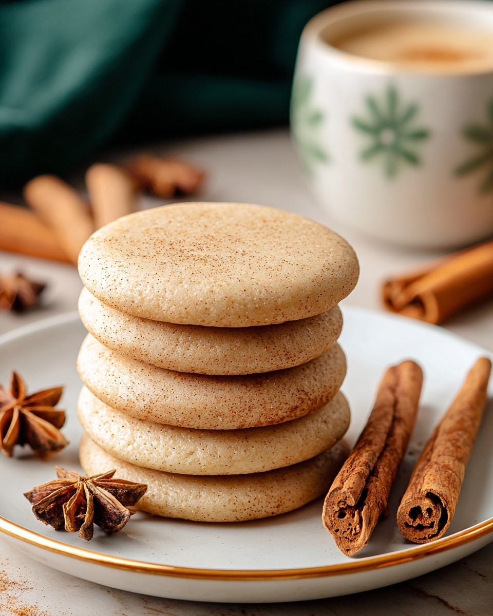 Three hexagon-shaped cookies are stacked on a white plate, each cookie having a light beige color with tiny brown specks and a smooth texture with slightly browned edges. The plate is positioned on a white marbled surface and garnished with two star anise pieces to the left and two cinnamon sticks in the front right, adding a warm brown contrast. In the blurred background, there is a white cup with a brown decorative pattern, enhancing the cozy and warm look of the scene. photo taken with an iphone --ar 4:5 --v 7