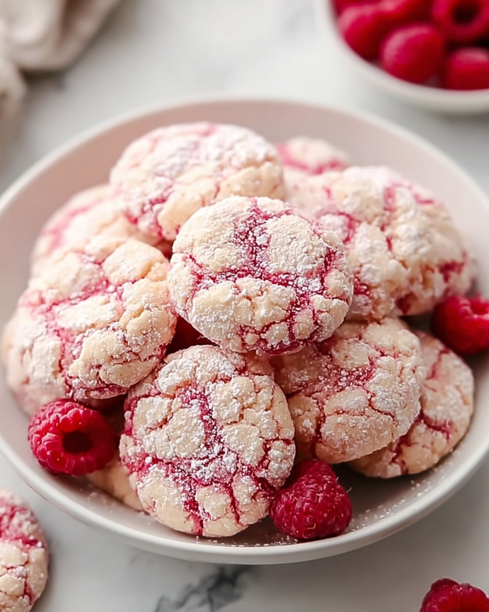A white round plate holds a pile of light pink cookies dusted with white powdered sugar. Each cookie has deep cracks showing a darker pink-red color underneath. The cookies are soft and slightly rounded, arranged in one layer mostly overlapping each other. The plate is placed on a white marbled surface with a folded cloth that has white and red stripes partly visible on the side. The photo taken with an iphone --ar 4:5 --v 7