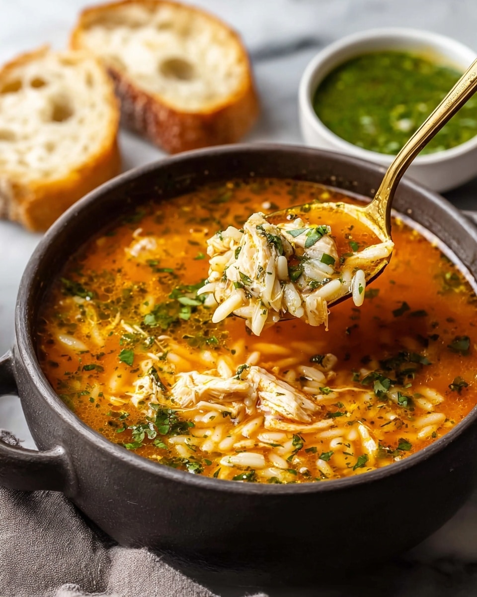 A black bowl filled with warm orange-red soup that has small white orzo pasta and bits of shredded meat or vegetables mixed throughout, topped with scattered green herbs. A golden spoon is dipped inside the soup, lifting some orzo with bits of herbs. On the top right, there is a small white bowl with green sauce, and at the top left, a wooden board holds a piece of torn bread with a soft white inside. The surface underneath has a white marbled texture. photo taken with an iphone --ar 4:5 --v 7