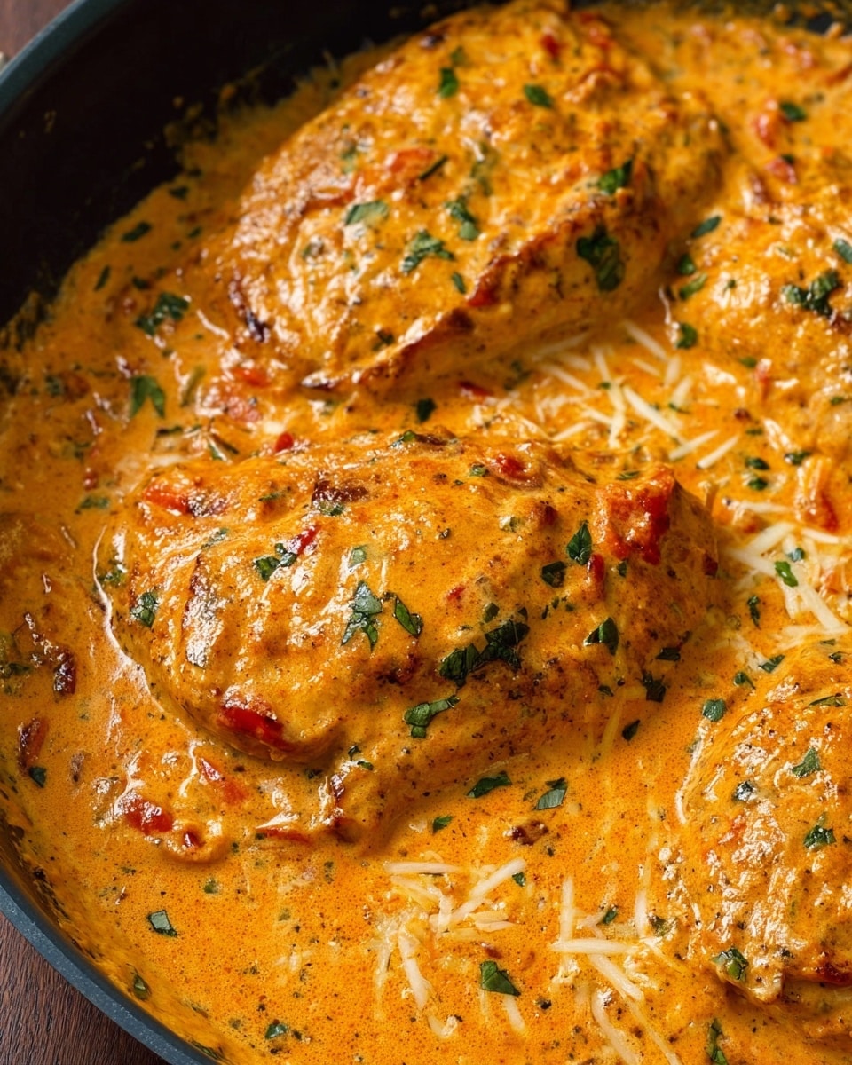 A black pan filled with three large, golden-brown cooked pieces covered in a thick, creamy orange sauce with visible small red bits and green herbs scattered on top. The sauce looks rich and smooth, evenly spreading over the pieces, with a sprinkle of shredded white cheese and more finely chopped green herbs adding texture. The pan sits on a white marbled surface, with a blurred dark cloth with fringes in the background. The light highlights the glossy sauce and the slightly crispy edges of the cooked pieces, making the dish look warm and appetizing photo taken with an iphone --ar 4:5 --v 7