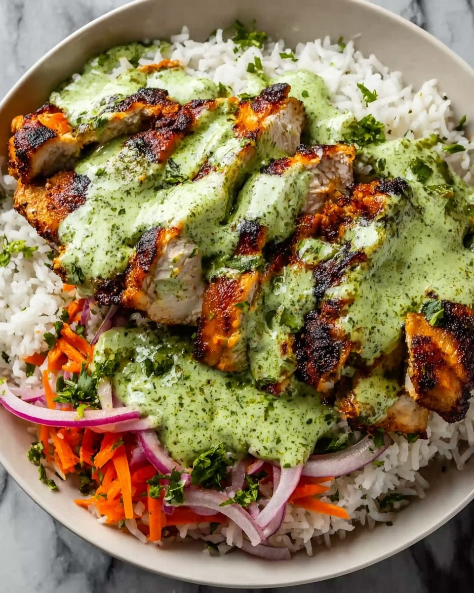 The image shows a white bowl filled with cooked white rice at the bottom layer, soft and fluffy in texture. On top of the rice, there are several pieces of grilled chicken, browned and grilled with clear char marks, arranged to cover most of the rice. A vibrant green sauce is generously poured over the chicken, adding a fresh and thick texture that contrasts with the golden brown of the chicken and the white rice beneath. The bowl is set on a white marbled surface. photo taken with an iphone --ar 4:5 --v 7