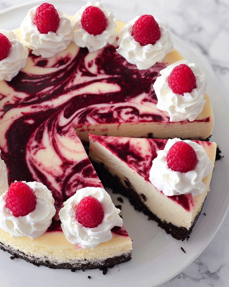 The image shows a round cheesecake with three main layers visible from the side: a golden-brown crumb crust at the bottom, a creamy off-white cheesecake middle layer, and a top layer swirled with dark red raspberry sauce mixed into the cream, creating a marbled effect. The edge of the cheesecake is decorated with evenly spaced white whipped cream swirls, each topped with a fresh red raspberry. The cheesecake sits on a white plate with a beaded edge, placed on a white marbled surface. Photo taken with an iphone --ar 4:5 --v 7