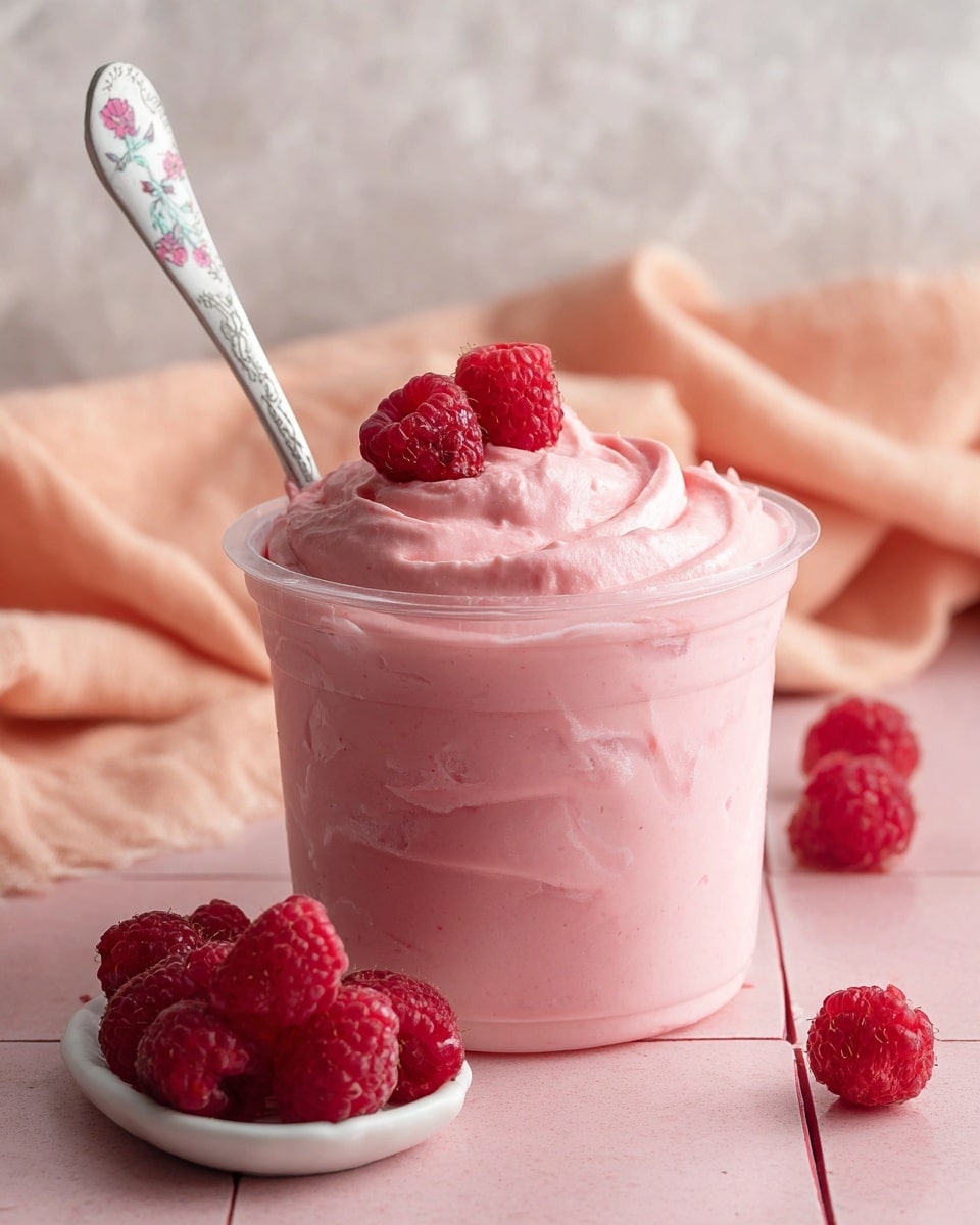 The image shows a clear plastic cup filled with creamy pink raspberry mousse. The top layer is smooth with swirls, topped with three fresh red raspberries. A silver spoon with a floral handle is placed inside the mousse, leaning against the side of the cup. Around the cup are a few fresh raspberries on a white dish and scattered on a pink tiled surface. A soft peach-colored cloth is in the background on a white marbled texture. photo taken with an iphone --ar 4:5 --v 7