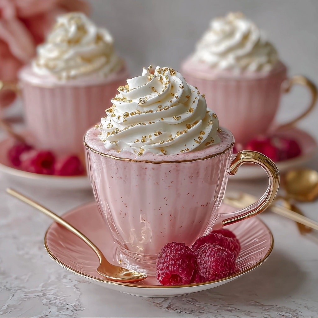 The image shows a creamy pink drink with tiny specks, served in a transparent pink glass cup with a golden handle and rim, placed on a matching pink saucer with a golden rim. On the saucer, there are several frozen raspberries adding a rich red color and frosty texture. The drink is topped with a tall swirl of white whipped cream sprinkled with small golden sparkles. In the background, two more identical cups with the same drink and whipped cream can be seen slightly blurred, sitting on white marbled texture. A golden spoon is also visible near the cup, and a woman's hand is gently holding the cup at the top left corner. The photo taken with an iphone