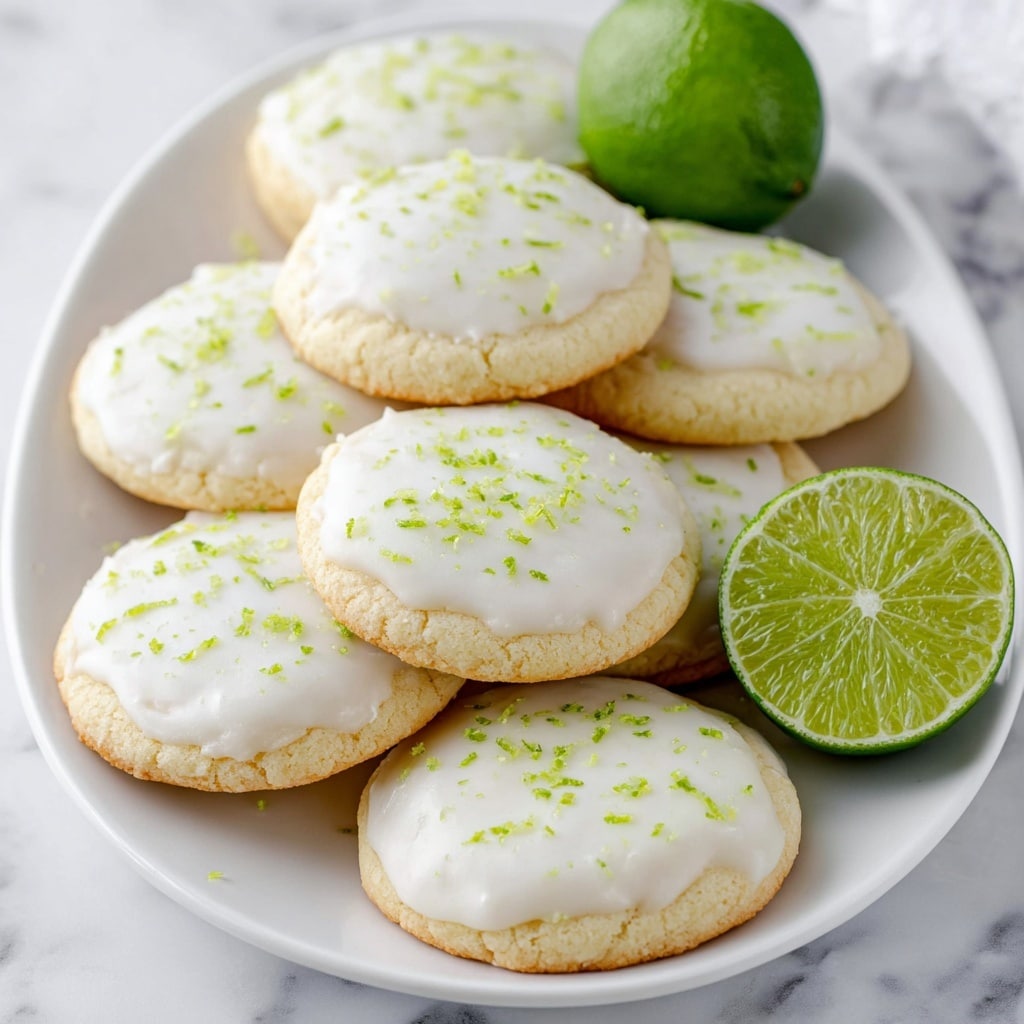 A white oval plate is filled with soft round cookies stacked in two uneven layers. Each cookie has a pale golden base layer with a slightly bumpy texture, topped with a smooth white icing layer that covers nearly the whole surface. Small, bright green lime zest sprinkles are scattered evenly on the icing of each cookie. Next to the plate, on a white marbled surface, are two whole bright green limes and one lime cut in half showing the light green juicy inside. Photo taken with an iphone --v 7