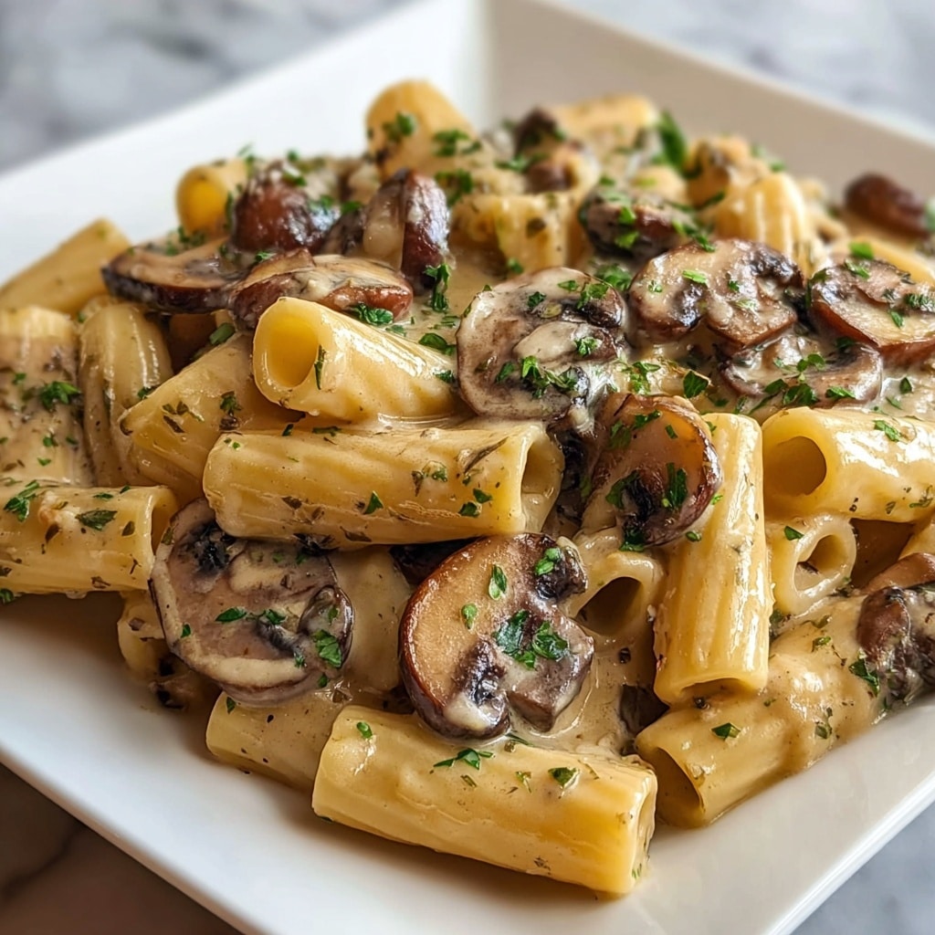 A close-up image of a dish on a white square plate showing rigatoni pasta mixed with sliced mushrooms. The pasta is covered in a creamy light brown sauce, with the mushrooms cooked to a golden brown color on the edges. Small green herb pieces are sprinkled throughout the dish, adding a touch of color. The pasta tubes and mushrooms are intertwined and evenly coated with the sauce, giving a rich, glossy texture. The background features a white marbled surface. Photo taken with an iphone --v 7