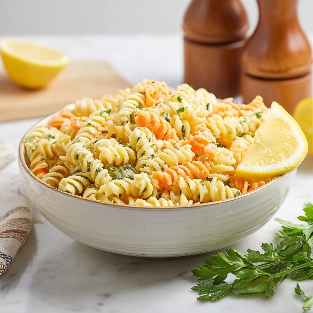 A white bowl filled with three layers of rotini pasta swirled together in pale yellow, light orange, and light green colors, topped with small green herb pieces scattered evenly across. Two thin lemon slices rest on the edge of the bowl on the right side. The bowl sits on a white marbled surface, with some parsley placed in front on the right side and a lemon wedge partially visible in the background on the left. Two wooden pepper mills stand blurred in the background, adding warm brown tones to the scene. Photo taken with an iphone --v 7