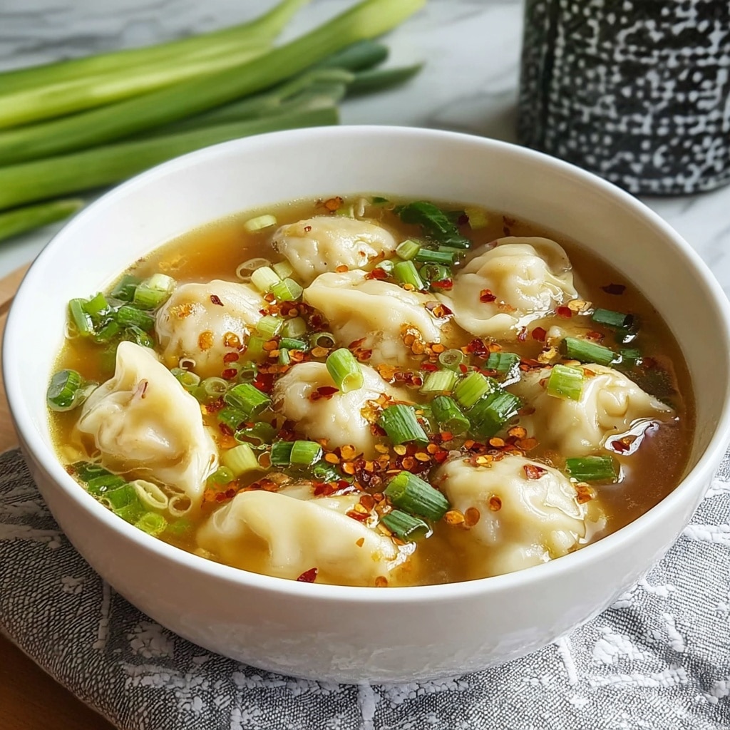 A white bowl filled with clear broth soup containing several light beige dumplings with soft, smooth skins. The soup has small pieces of chopped green onions floating on top, along with red chili flakes sprinkled over the dumplings and broth. The bowl sits on a white marbled surface with a gray and white patterned cloth underneath. In the background, there are green stalks of celery and a blurred decorative black and white container. Photo taken with an iphone --v 7