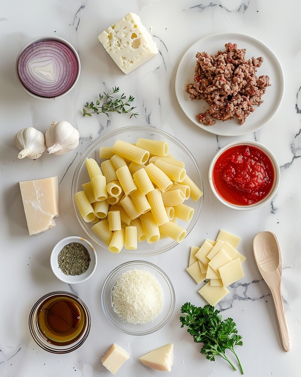 Single white plate holding a plated portion of baked rigatoni casserole, close-up angled view revealing thick tubular pasta stuffed and layered with rich ground beef ragù, melted golden mozzarella cheese bubbling on top, sprinkled with fresh chopped parsley for garnish, visible savory sauce pooling slightly at the base, all set against a white marble background, intimate food blog style photo taken with an iphone --ar 4:5 --v 7
