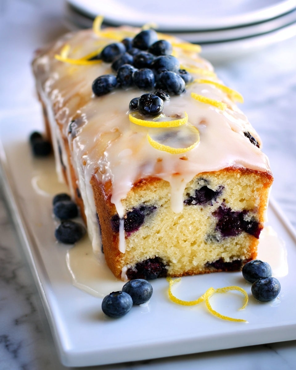 Whole lemon blueberry loaf cake on a large white rectangular platter, glazed with a shiny lemon icing dripping slightly over the edges, studded throughout with fresh blueberries and decorated on top with a small cluster of blueberries and thin lemon zest curls, the entire loaf presented on a white marble countertop with natural lighting, professional food magazine hero shot, photo taken with an iphone --ar 4:5 --v 7