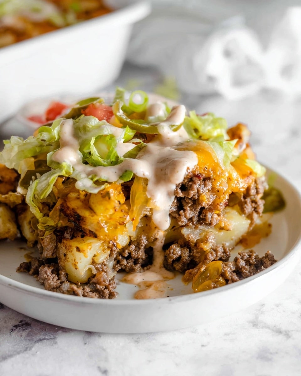 White rectangular baking dish filled with a fully baked cheeseburger casserole, showcasing seasoned ground beef and melted cheddar cheese as the base, topped generously with fresh shredded lettuce, diced ripe tomatoes, finely chopped onions, several crinkly dill pickle slices, and drizzles of creamy special sauce, the entire dish captured from a 3/4 angle on a white marble surface with natural light, styled like a hero shot from a food magazine, photo taken with an iphone --ar 4:5 --v 7
