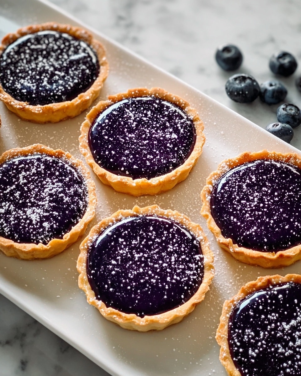 A white rectangular platter showcasing a full batch of six perfectly baked mini blueberry tarts, each with a golden flaky crust and a smooth, glossy deep purple blueberry filling, delicately dusted with a fine sprinkle of powdered sugar, presented on a white marble surface with natural light highlighting the vibrant colors and textures, professional food styling photography, photo taken with an iphone --ar 4:5 --v 7