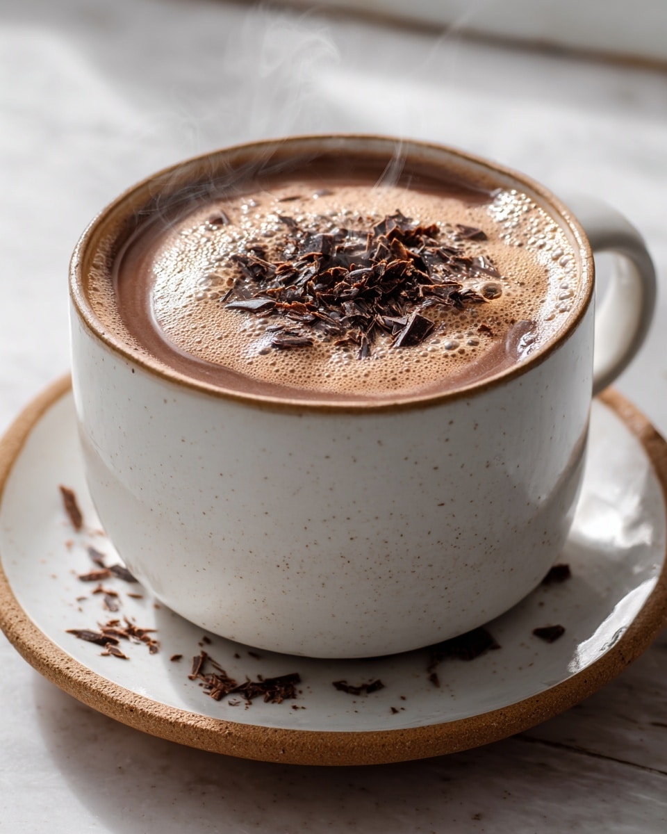 Large white ceramic mug filled with rich, creamy hot chocolate topped with a generous layer of frothed milk and scattered dark chocolate shavings, presented as a full cup on a matching white saucer, steam gently rising from the surface, photographed from a 3/4 angle on a white marble countertop with natural lighting for a cozy, inviting effect, professional food styling photo taken with an iphone --ar 4:5 --v 7