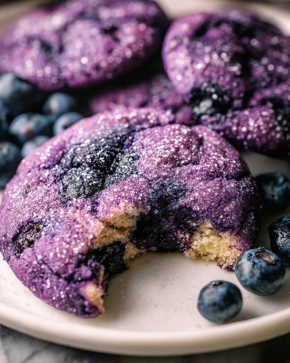 A large white rectangular platter filled with a full batch of vibrant purple blueberry cookies dusted lightly with powdered sugar, arranged neatly and overlapping slightly, garnished with fresh whole blueberries and delicate small purple flowers scattered around the edges, photographed from a professional 3/4 angle on a white marble countertop with natural lighting highlighting the rich color and texture, photo taken with an iphone --ar 4:5 --v 7