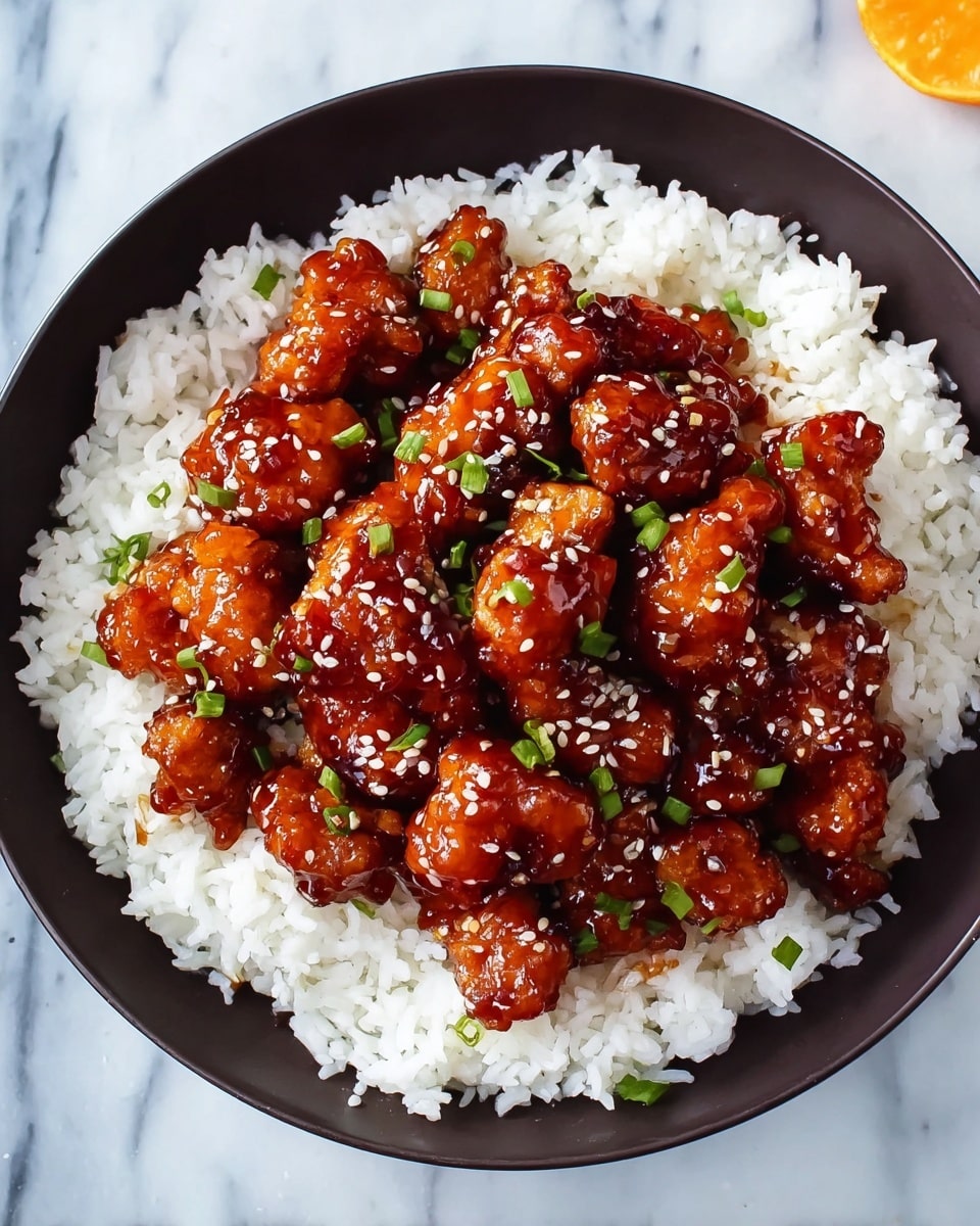 Large white bowl filled with a generous portion of crispy General Tso's chicken glazed in a thick, glossy, dark reddish-brown sauce and sprinkled with white sesame seeds and finely chopped green onions, served atop a fluffy bed of steaming white jasmine rice, presented as a whole serving photographed from a top-down view on a white marble countertop with natural lighting, professional food styling photo taken with an iphone --ar 4:5 --v 7