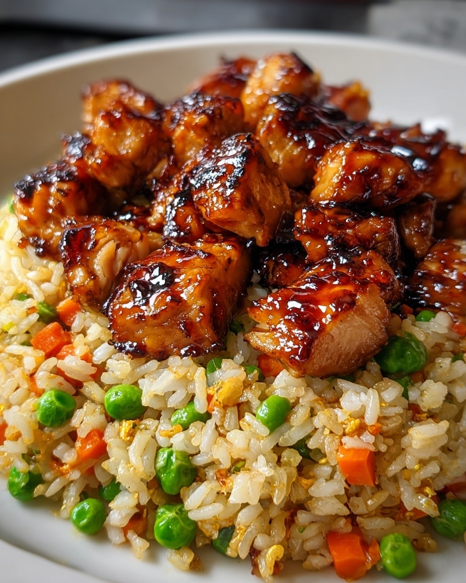 Large white serving pan filled with generous portions of teriyaki chicken glazed with rich, shiny sauce, served atop a bed of fluffy vegetable fried rice with diced carrots, peas, and green onions, whole dish presented from a 3/4 angle on pristine white marble countertop with natural lighting, styled like a hero shot from a food magazine, photo taken with an iphone --ar 4:5 --v 7