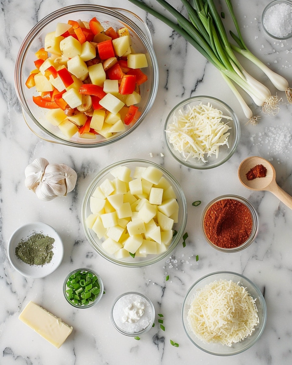 Single white bowl with a close-up view of a creamy sausage and potato chowder, showing tender, thick slices of browned sausage nestled among chunky, soft potato pieces in a rich, velvety broth speckled with fresh green herb garnish, the surface glistening with hints of paprika and red pepper flakes, placed on a white marble background, natural lighting emphasizing the hearty texture and inviting warmth of this intimate plated serving, photo taken with an iphone --ar 4:5 --v 7