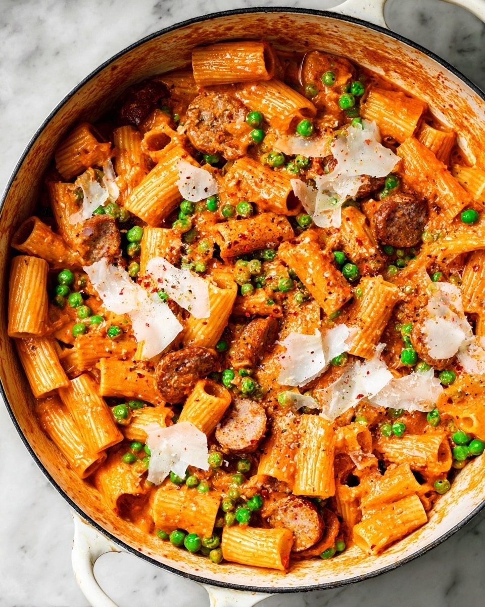 Large white enamel cast iron pot filled with creamy rigatoni pasta in a rich, velvety tomato sauce, generously mixed with vibrant green peas and slices of browned sausage, garnished with delicate shavings of Parmesan cheese and a sprinkle of crushed red pepper flakes, the whole dish presented at a 3/4 angle on a white marble surface under natural lighting, styled for a professional food magazine hero shot, photo taken with an iphone --ar 4:5 --v 7