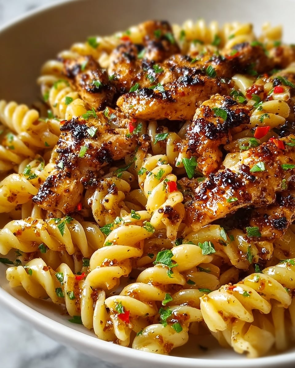 Large white bowl filled with steaming hot rotini pasta tossed with tender, golden-brown grilled chicken pieces, garnished with finely chopped fresh parsley and bits of roasted red peppers, showcasing an inviting, well-seasoned meal, whole dish photographed at a 3/4 angle on a white marble countertop with natural lighting, professional food styling photo taken with an iphone --ar 4:5 --v 7