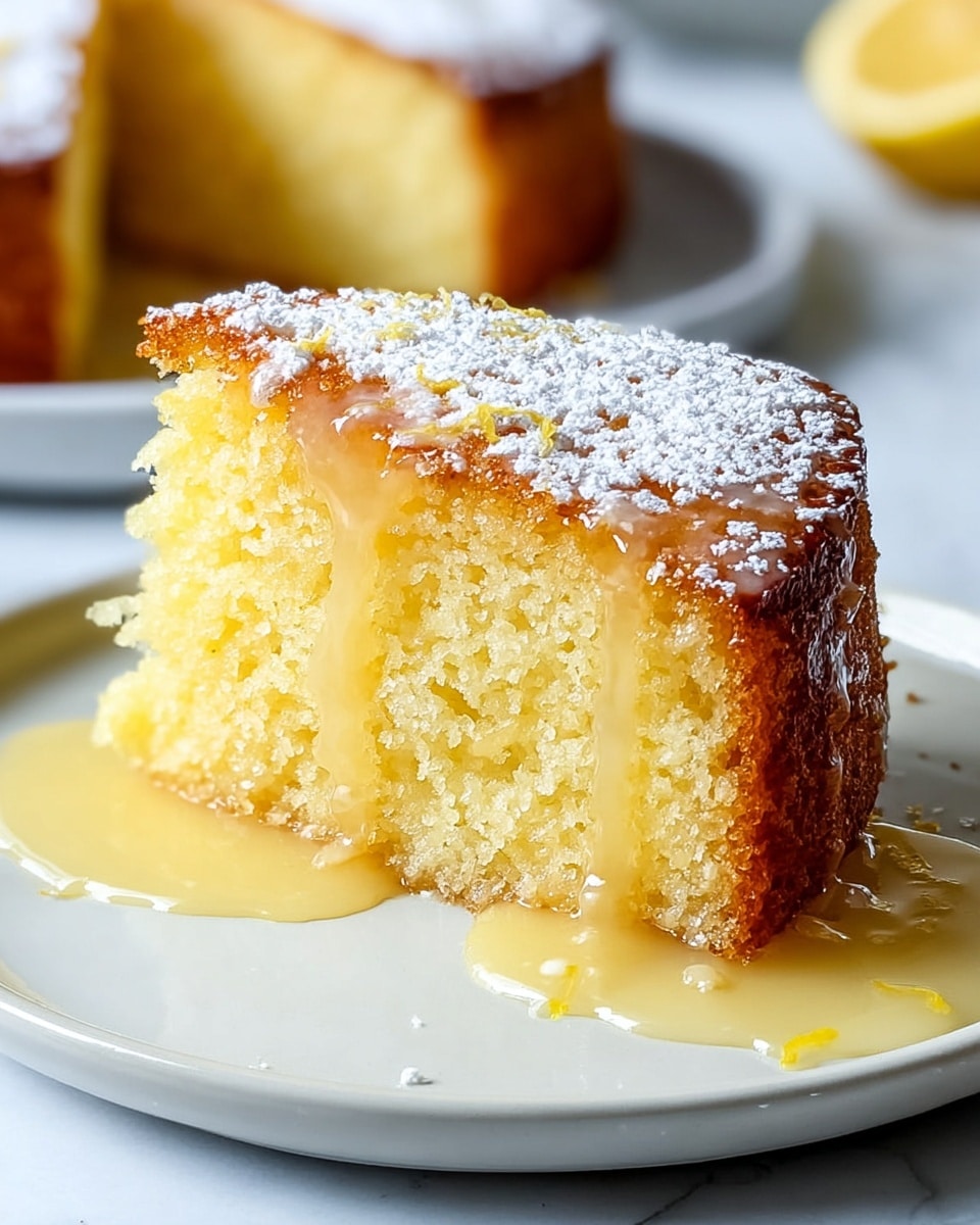 Whole round lemon drizzle cake on a large white plate, fully intact with a golden brown crust and topped with a glossy lemon glaze dripping slightly down the sides, dusted evenly with powdered sugar, presented on a white marble surface with natural lighting, captured in a professional 3/4 angle hero shot for a food magazine, photo taken with an iphone --ar 4:5 --v 7