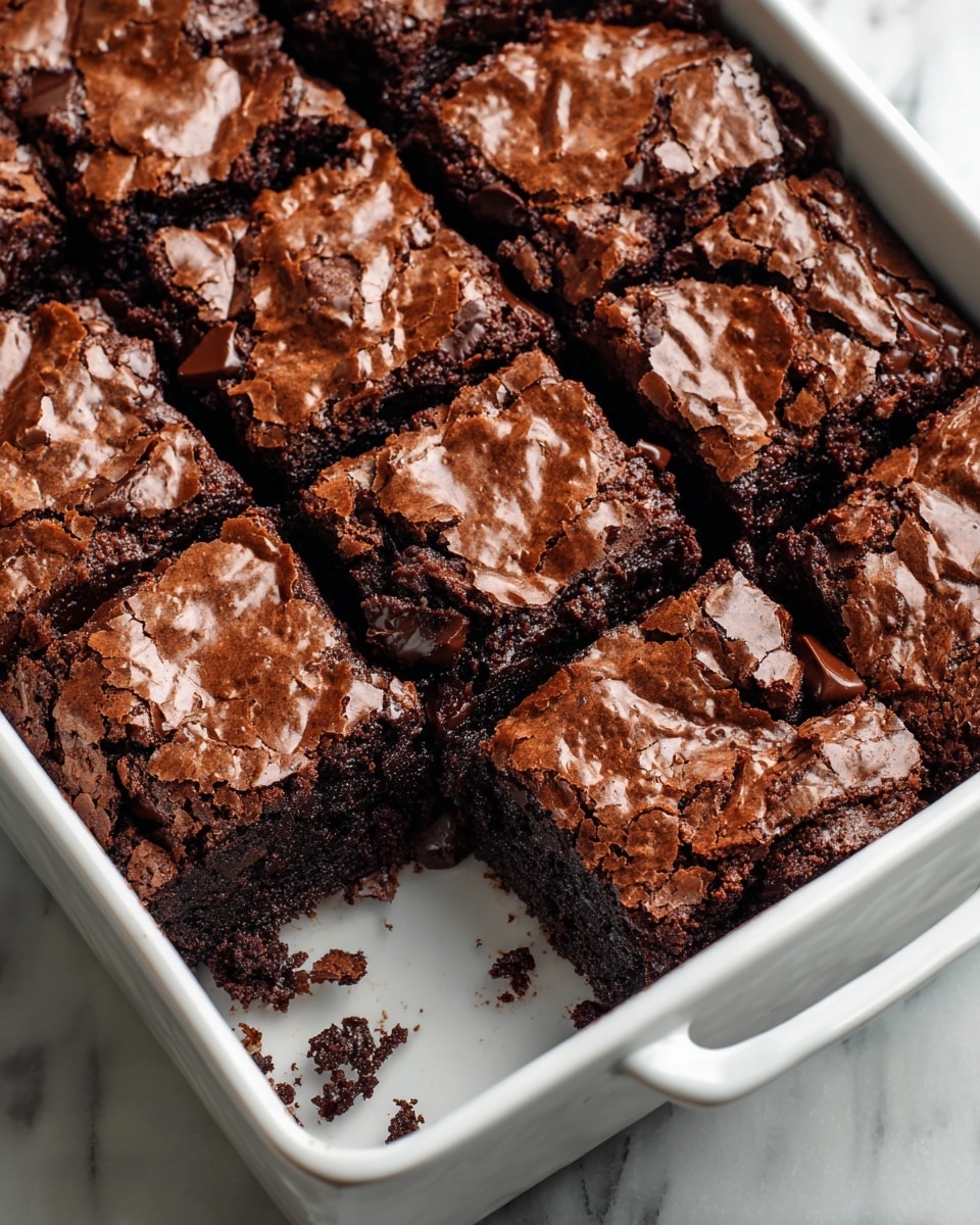 A large white rectangular baking pan filled with an uncut, whole batch of rich, fudgy chocolate brownies showcasing a perfectly cracked, shiny top crust, with melted chocolate chunks visible beneath the surface, shot from a 3/4 angle on a white marble countertop under natural lighting, styled as a professional food magazine hero shot, photo taken with an iphone --ar 4:5 --v 7