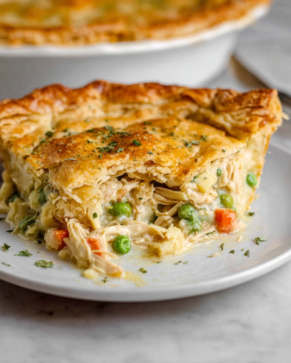 Single white plate with a generous portion of homemade chicken pot pie, showing a flaky golden-brown crust broken to reveal tender shredded chicken, bright green peas, diced carrots, and creamy savory sauce inside, close-up angled shot emphasizing the crisp pastry edges and rich filling layers, natural lighting highlighting the textures, set on a white marble surface, intimate plated serving photo taken with an iphone --ar 4:5 --v 7