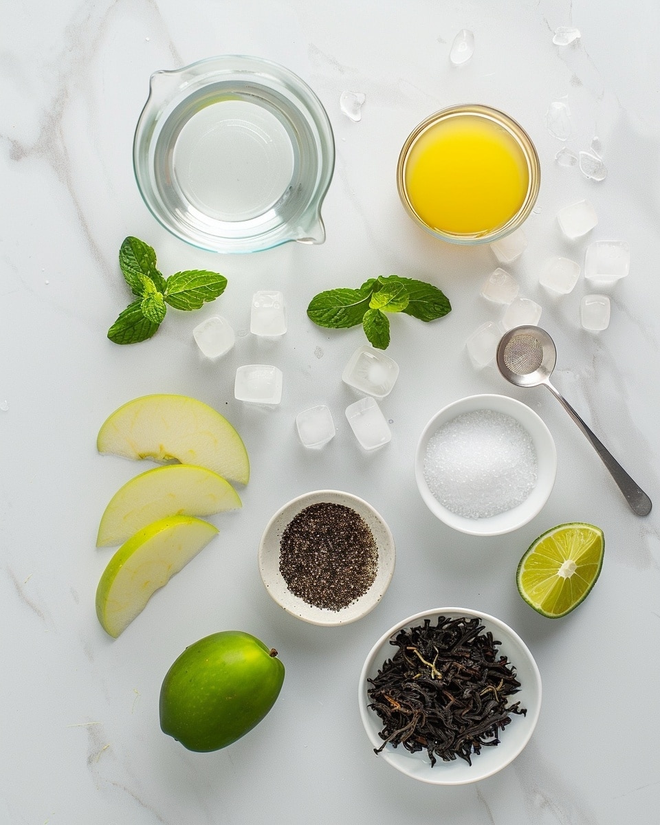 Single white tumbler glass filled with a single serving of iced tea, showcasing amber liquid with several irregular ice cubes floating inside, garnished with fresh green mint leaves on top, placed on a white marble surface surrounded by a few crisp apple slices and scattered mint sprigs, natural daylight highlighting the cool refreshing drink, intimate close-up view emphasizing the condensation and texture of ice and herbs, styled for a food blog, photo taken with an iphone --ar 4:5 --v 7