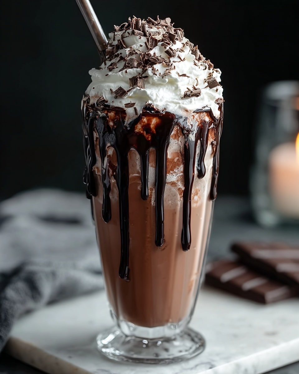Tall white milkshake glass filled with a rich, creamy chocolate milkshake topped generously with fluffy whipped cream, drizzled with glossy dark chocolate sauce cascading down the sides, and garnished with delicate chocolate shavings, all presented on a white marble countertop with natural lighting, photographed from a 3/4 angle to showcase the full height and decadence of the entire glass, professional food magazine style photo taken with an iphone --ar 4:5 --v 7