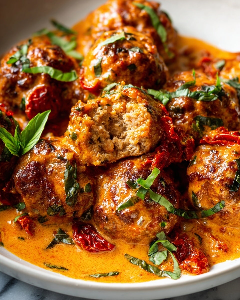 Large white ceramic pot filled with a full batch of creamy tomato sauce meatballs, each perfectly browned and coated in a rich orange-hued sauce, garnished generously with fresh basil slivers and chunks of roasted red tomatoes, the whole dish presented with natural lighting on a white marble countertop, styled with a professional food magazine hero shot, photo taken with an iphone --ar 4:5 --v 7