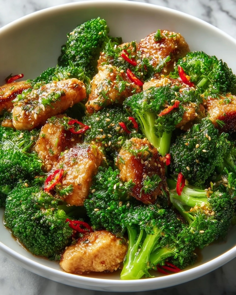 Large white serving bowl filled with a generous portion of golden-brown seared chicken pieces and vibrant green broccoli florets, tossed with fresh parsley, sprinkled generously with sesame seeds and red chili flakes, glistening with a light sauce, arranged beautifully to showcase texture and color contrast, photographed from a 3/4 angle on a white marble countertop, natural lighting highlighting the freshness and savory appeal, professional food magazine hero shot, photo taken with an iphone --ar 4:5 --v 7