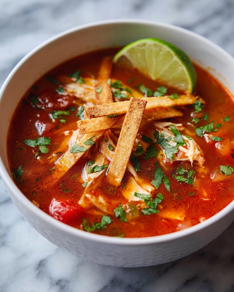 Large white cooking pot filled with vibrant red tomato-based chicken tortilla soup, garnished with fresh chopped cilantro and several golden strips of toasted tortilla piled in the center, the broth rich and chunky with visible pieces of diced tomatoes and tender chicken, photographed from a 3/4 angle on a white marble countertop under natural lighting, professional food magazine hero shot photo taken with an iphone --ar 4:5 --v 7