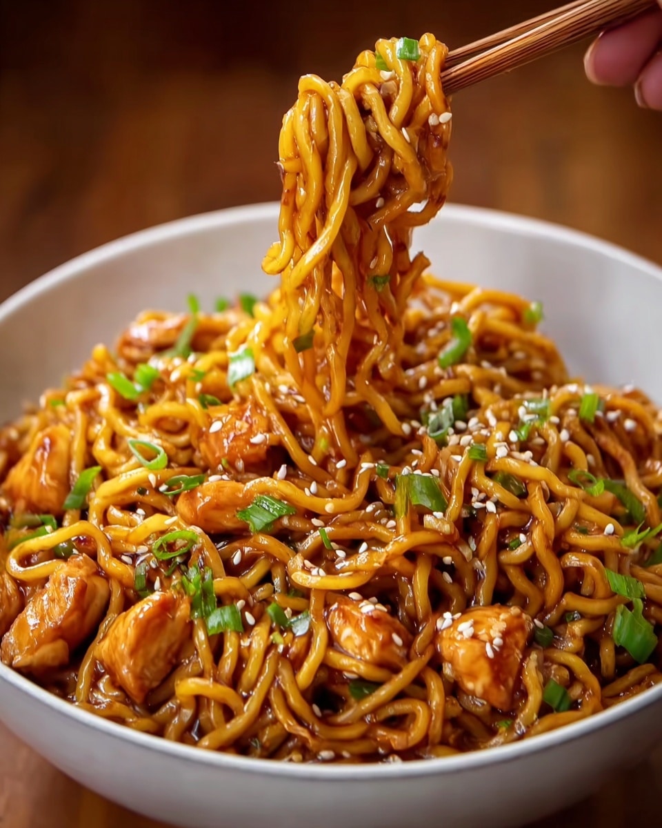 A white bowl is filled with shiny, golden-brown noodles twisted and lifted by a pair of wooden chopsticks held by a woman's hand, with small pieces of glossy, caramel-colored chicken scattered throughout. Bright green chopped scallions and light sesame seeds are sprinkled on top, adding texture and color contrast. The noodles look slightly thick with a rich sauce coating them, creating a glistening effect under soft light. The background is blurred with a warm brown tone, focusing fully on the bowl of noodles. photo taken with an iphone --ar 4:5 --v 7