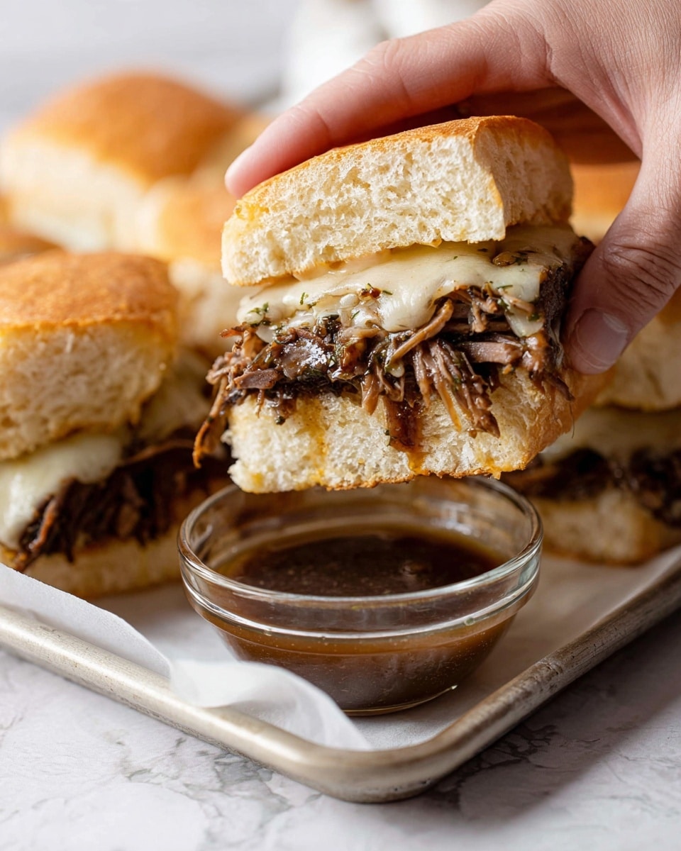 The image shows four small sandwiches arranged on a silver tray lined with white parchment paper, placed on a white marbled surface. Each sandwich has a golden brown, toasted ciabatta bread top and bottom. Inside, the first layer is shredded dark brown meat, followed by a layer of melted pale cheese on top. Two bowls of brown dipping broth with small bits in it are placed on the tray, one larger and one smaller, positioned between and next to the sandwiches. Small bits of green herbs are sprinkled on the sandwiches and parchment paper. In the top left corner, there is a white plate with a few green herbs on it, and below the tray, a beige cloth is partially visible. photo taken with an iphone --ar 4:5 --v 7