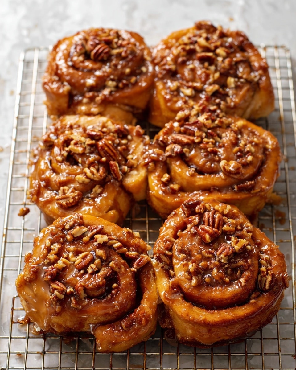 A close-up of a single sticky cinnamon roll being held by a woman's hand, showing one main circular layer covered in a thick, shiny caramel glaze with walnut pieces scattered all over the top. The cinnamon roll has a golden-brown color with visible swirls and a soft texture under the sticky glaze and crunchy walnut bits. The background features a white marbled texture with a blurred second roll in the distance. photo taken with an iphone --ar 4:5 --v 7