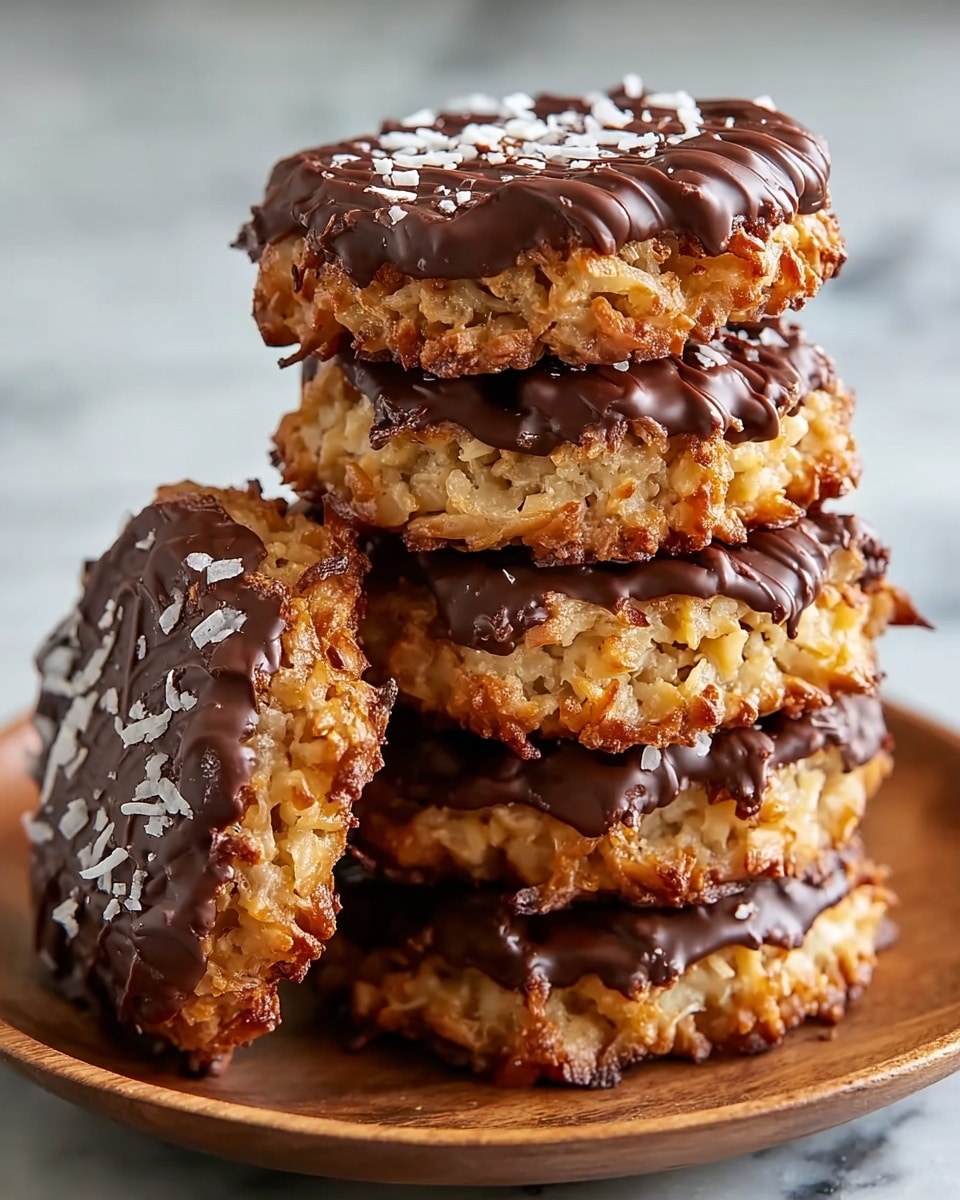 A stack of six round cookies is shown on a white wooden plate. Each cookie has two layers: the outer layer is golden brown and textured with visible shredded coconut pieces, and the top side of each cookie is fully covered with a layer of shiny dark brown chocolate drizzled unevenly. One cookie on the left side is leaning against the stack to show its thickness and rough texture. The background is a white marbled surface with soft lighting highlighting the contrast between the cookie's golden crust and rich chocolate. Photo taken with an iphone --ar 4:5 --v 7