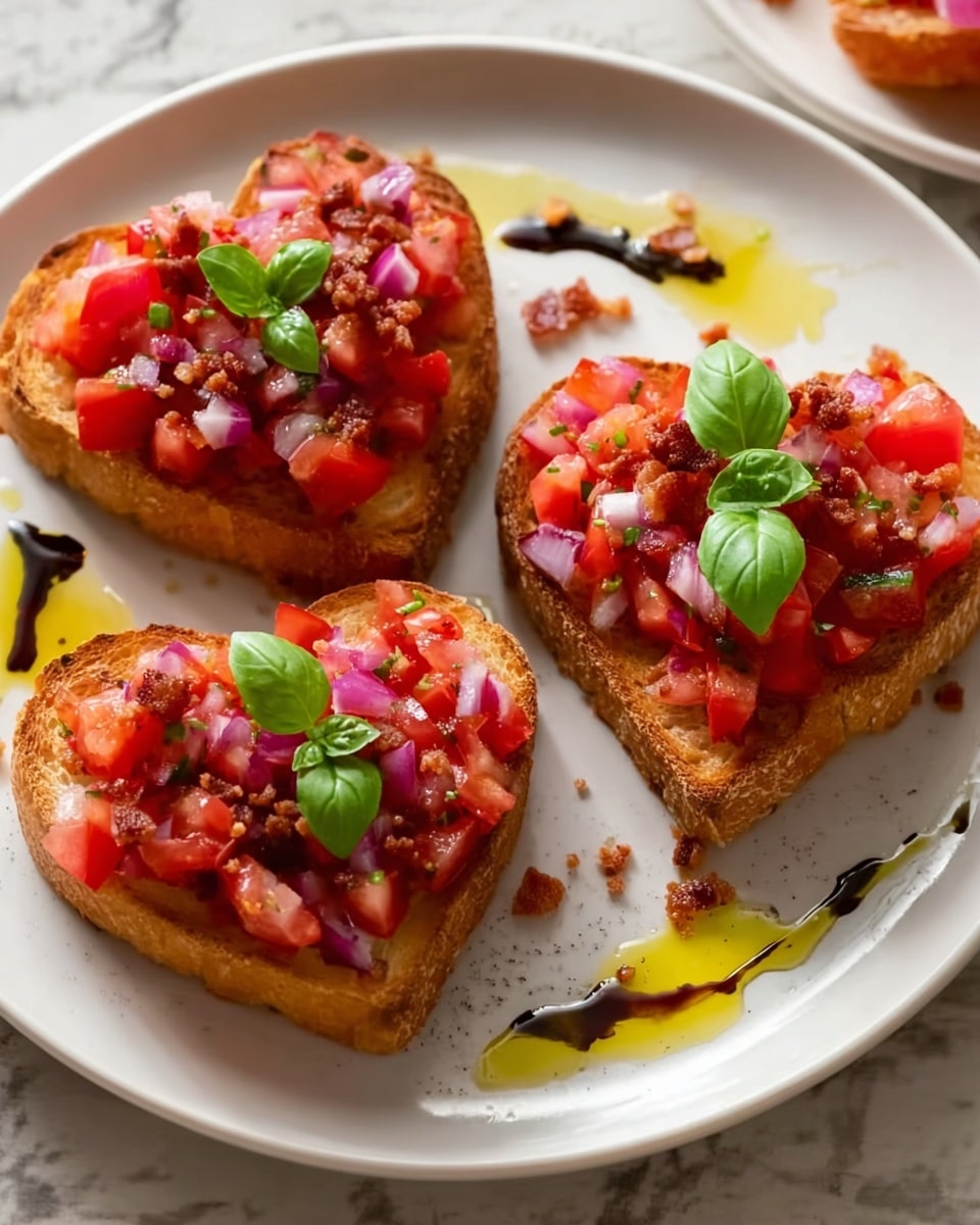 Three heart-shaped slices of toasted bread are arranged on a white plate with a white marbled surface underneath. Each slice is topped with a layer of diced bright red tomatoes mixed with small pieces of purple onion. On top of this is a sprinkling of small, crispy dark brown bacon bits and small green basil leaves placed for garnish. Around the slices on the plate are drops of golden olive oil and a dark balsamic drizzle. The photo is bright and clear, taken with an iphone --ar 4:5 --v 7