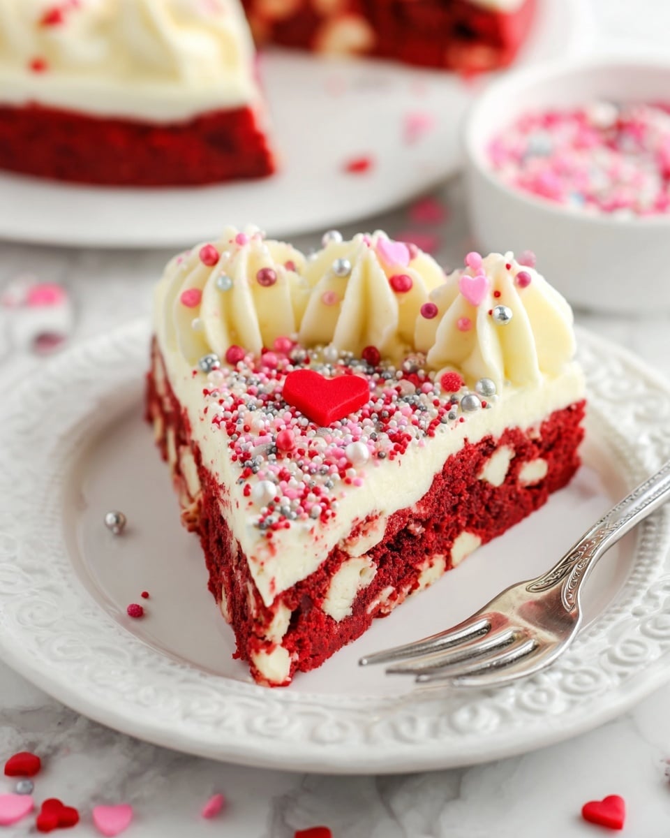 The image shows a round red velvet cookie cake with white chocolate chips embedded throughout its bright red dough. One slice has been removed, revealing the thickness of the cookie layer and the white chocolate pieces inside. The edge of the cookie is decorated with a thick swirl of creamy white frosting, topped with a mix of red, pink, and silver sprinkles, including small heart shapes. The cookie sits on a large white plate that has scattered sprinkles around the edge. The background is a white marbled surface, with a blurred white bowl filled with pink, red, and white sprinkles visible behind the cookie. photo taken with an iphone --ar 4:5 --v 7