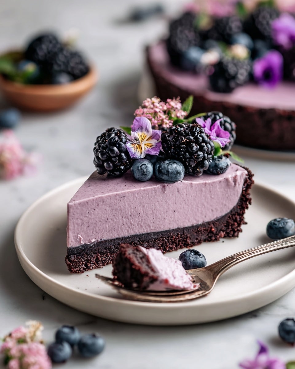 The image shows a slice of three-layered tart on a white plate, resting on a white marbled surface. The tart's bottom layer is dark brown and thick, resembling a crust. The middle layer is thick, smooth, and pastel purple in color, making up most of the tart. The top layer is thin and darker purple, decorated with clusters of fresh blackberries and blueberries along with small purple flowers on its surface. The large tart, also on a white round stand, is visible in the background with a missing slice. Around the plate, there are scattered blackberries, purple flowers with green leaves, halves of red plums, and a vintage dark metal fork placed beside the tart slice. Photo taken with an iphone --ar 4:5 --v 7