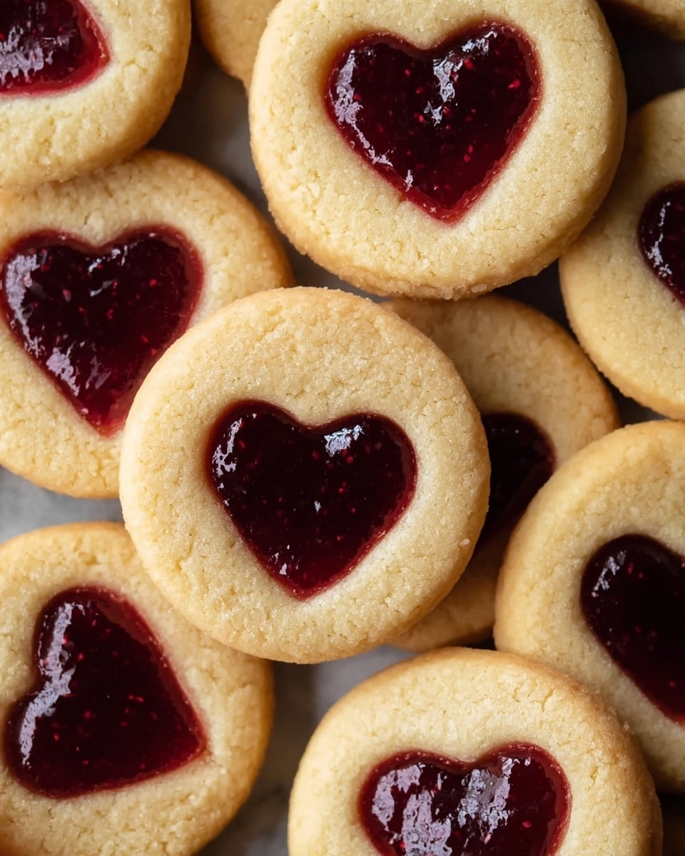 The image shows a close-up of several round cookies with a small heart-shaped jam center. Each cookie has one layer: a light golden-brown soft dough ring forming the outer part, with a shiny, deep red jam filling in the heart shape inside the middle. The cookies are arranged on a dark round plate with a rough texture placed on a white marbled surface. A woman's hand with red painted nails is holding one cookie, showing the jam heart shape clearly in the foreground. A red cloth with white polka dots is blurred in the background. Photo taken with an iphone --ar 4:5 --v 7