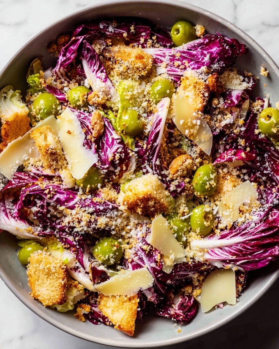 The image shows a white bowl filled with a salad that has three main layers. The bottom layer is leafy radicchio with deep purple and white colors and a rough texture. On top of it, there are chunks of light cream-colored cheese scattered unevenly. The salad is topped with a layer of chopped green olives and golden brown crumbled pieces, likely croutons, spread over the top, giving it a crunchy look. The bowl is placed on a dark metal tray, and next to it, there is a small white bowl with more chopped green olives and a jar with a creamy dressing. Two silver forks rest on the right side of the white bowl. The whole setup is on a white marbled surface with some crumbs scattered around. Photo taken with an iphone --ar 4:5 --v 7