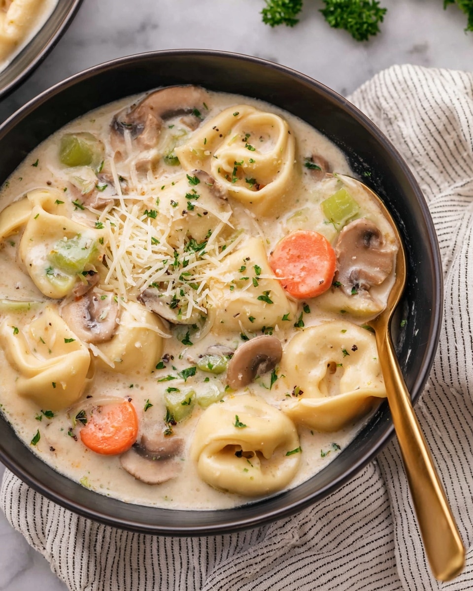 A close-up of a black bowl filled with creamy tortellini soup showing three main layers: at the bottom is a thick white creamy broth, in the middle are several pale yellow tortellini pasta pieces along with round slices of orange carrots, small light green celery pieces, and small brown mushroom slices, and on top there is a sprinkle of finely chopped green herbs and a small pile of shredded white cheese. A gold spoon rests inside the bowl on the right side. The bowl is placed on a white striped cloth over a white marbled surface. Photo taken with an iphone --ar 4:5 --v 7