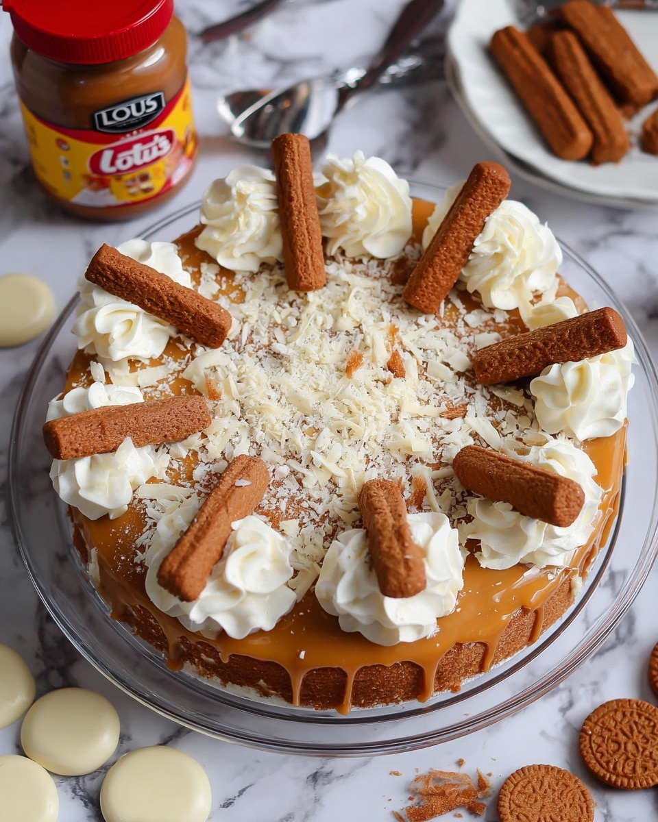 The image shows a slice of creamy cheesecake with three visible layers: a light brown crumbly base, a thick beige middle layer with a smooth texture, and a glossy caramel swirl layer on top. On the top edge of the slice, there are dollops of white whipped cream and a single brown biscuit standing upright. White chocolate chips and small brown flakes are scattered over the slice and the white plate it sits on, which has a speckled design. In the background, a glass plate holds the remaining cheesecake with more caramel dripping down the side and similar whipped cream decorations. The surface is a white marbled texture and a silver fork rests next to the slice. photo taken with an iphone --ar 4:5 --v 7