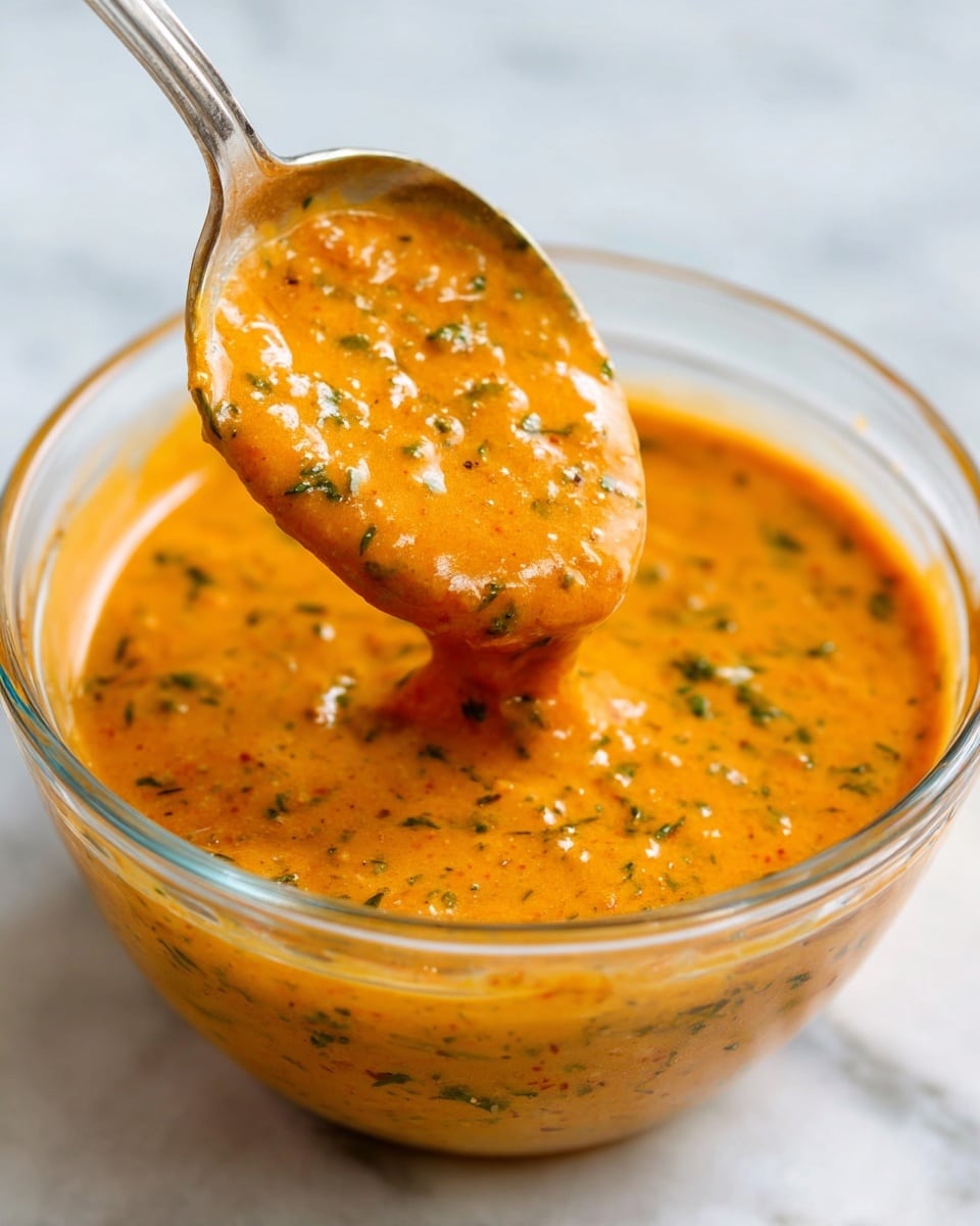 The image shows a clear glass bowl filled with a thick, orange sauce that has green herbs mixed inside. A metal spoon is lifting some of the sauce out of the bowl, showing its creamy and slightly chunky texture. The sauce looks smooth with small pieces of herbs and spices evenly spread throughout. The background is a white marbled surface, making the bright color of the sauce stand out. Photo taken with an iphone --ar 4:5 --v 7