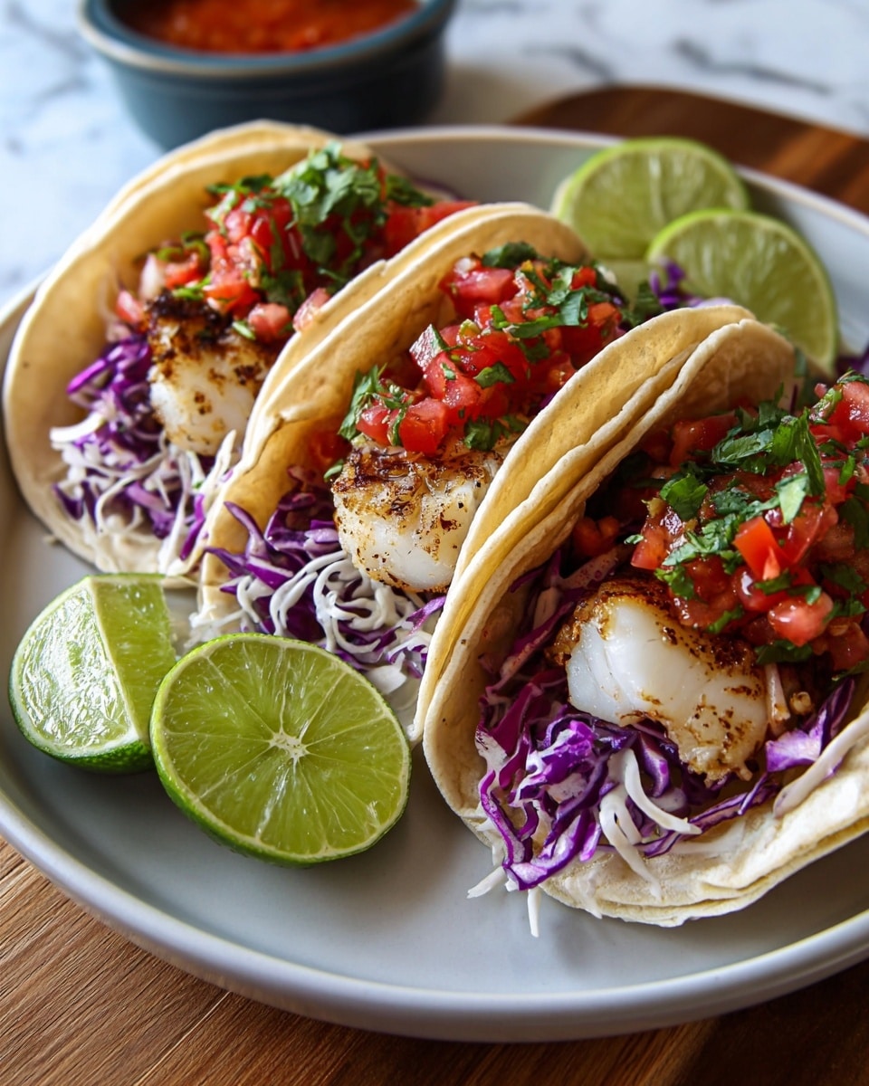 Three soft corn tortillas lay flat on a large black plate with a thin brown rim, each holding a thick, golden brown piece of seasoned fish at the base. On top of the fish is a colorful layer of shredded white and purple cabbage mixed together, giving a crunchy texture. Fresh small red diced tomatoes and a creamy light orange sauce are drizzled over the cabbage, adding bright contrast. Around the tacos are fresh green cilantro sprigs and thin round lime slices placed on the white marbled surface beneath the plate. A white bowl filled with chunky tomato salsa sits partially in view at the top left corner. photo taken with an iphone --ar 4:5 --v 7